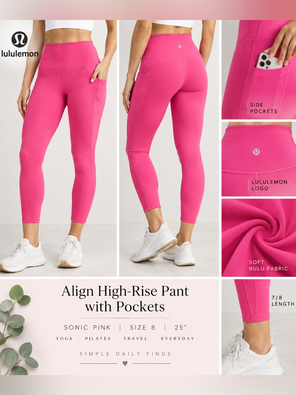 Lululemon Align High-Rise Pockets 25” Sonic Pink Leggings Size 8 Nulu